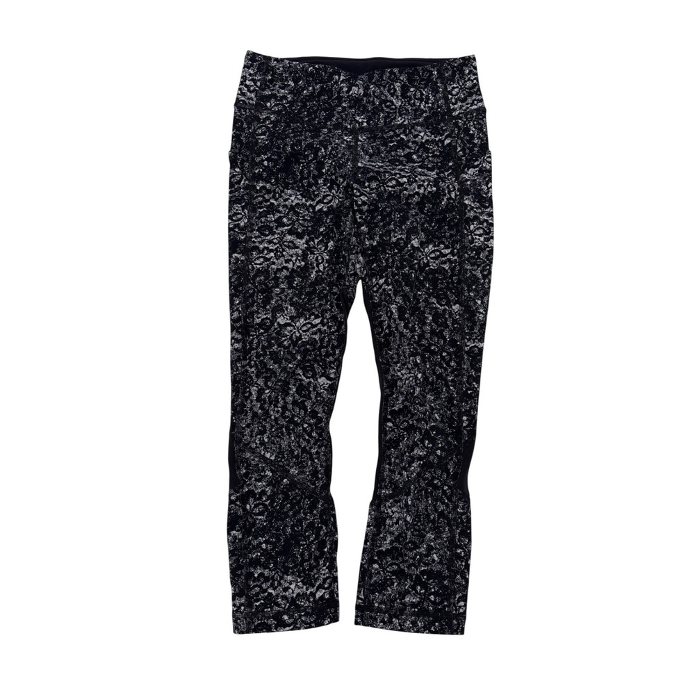 Lululemon Black White Lace Print Crop Leggings Mesh Panels Size 4 LW6AVNS